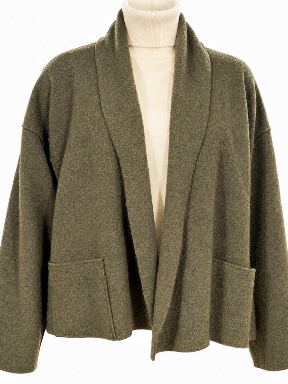 Eileen Fisher Merino Wool Open Front Jacket in Green PM Like New